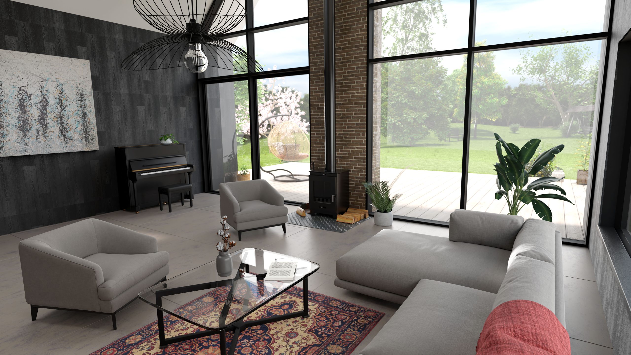 wizualizacja 3D salonu w domu typu stodoła