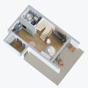 Wizualizacje 3D - Rzut aksonometryczny - przekrój - wnętrza niewielkiego dwupiętrowego domku dla MMHouse