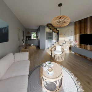 Wizualizacje 3D - wnętrza niewielkiego dwupiętrowego domku dla MMHouse